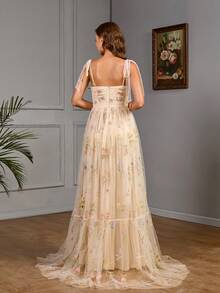 Women Shoulder-Tie Floral Embroidered Minimalist Ruffled Cocktail Dress, Wedding Guest Dress, Party Dress, Formal Dress, Evening Dress,Gown - Apricot - View 3