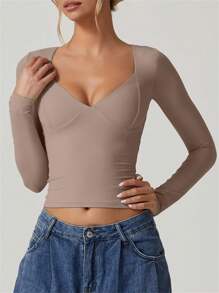 Women's Solid Color T-Shirts Long Sleeves Slim Fit Sweetheart Neck Fall Casual Tops - Khaki - View 6