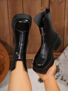 Women's Plus Size Square Toe Front Zipper Platform Chunky Heel Slim Ankle Boots, Outer Wear