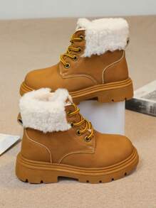 1 par de botas térmicas forradas com design de cadarço para meninos e meninas, antiderrapantes e quentes para o inverno - Castanho - Ver 1