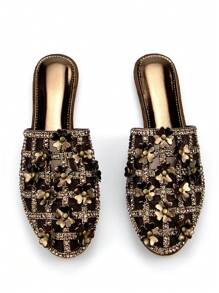Women's Glamorous Hollow-Out Rhinestone Studded Floral Decorated Bronze-Tone Suede Mesh Casual/Party Flat Mules