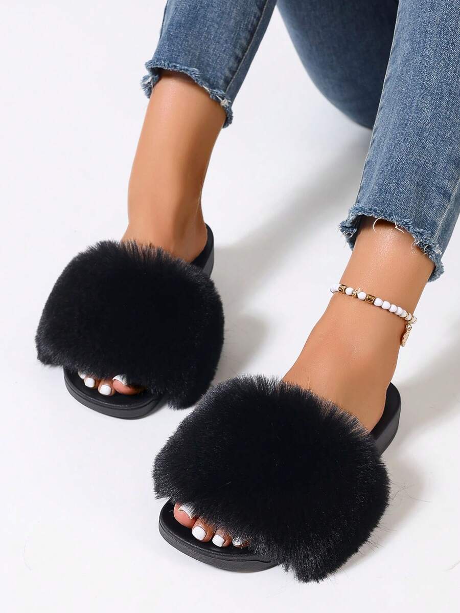 Furry Slippers Faux Fur Slippers Stylish Open Toe Girls Sandals Outdoor Indoor Can Wear Furry Slippers - 黑色 - 查看 1