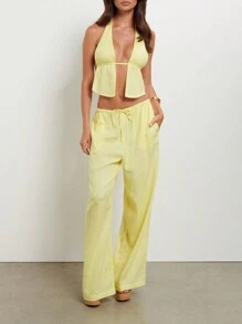 Women Summer Pants Outfits Stripe Tie-Up Halter Neck Backless Sleeveless Tank Tops Wide-Leg Pants 2 Pieces Clothes Set - Màu vàng - Xem 3