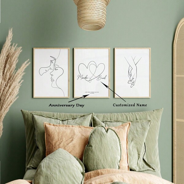 Conjunto de presente de Dia dos Namorados com 3 nomes personalizados, mãos dadas, arte de amor, desenho de linha, impressão de mãos, arte de linha, esboço de linha, impressão de mãos de casal, moldura opcional