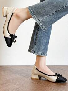 Women's Flat Shoes New Style Chunky Heel Slip-On Bowknot Loafers