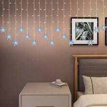 1 pieza Luces de cadena impermeables con diseños de copos de nieve/pentágono/luna - Ideales para decoración interior/exterior de vacaciones, bodas, fiestas, árboles de Navidad, dormitorios y jardines para crear un ambiente festivo - Luces de cadena de copos de nieve de hielo - Ver 12