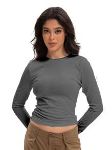 OUTBALL Camisetas de manga larga para mujer, blusas básicas de cuello de pico, tops cortos casuales, ropa entallada, camiseta térmica - Gris - Ver 3
