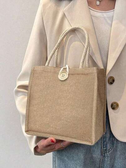 亚麻纯色米色手提购物袋，适合女性、约会、返校、海滩、通勤、野餐、露营等场合。