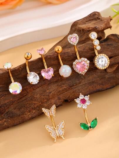 8pcs Gold Classic Basic Butterfly Heart Shaped Stainless Steel Belly Button Rings Set, Inlaid With Shiny Zirconia Stones, Daily Wear Y2K Style