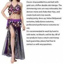 Women's Belly Dance Costume Set, Including Midriff-Baring Top, Bra, Hip Scarf And Slit Skirt, Suitable For Halloween - Multicolor - View 12