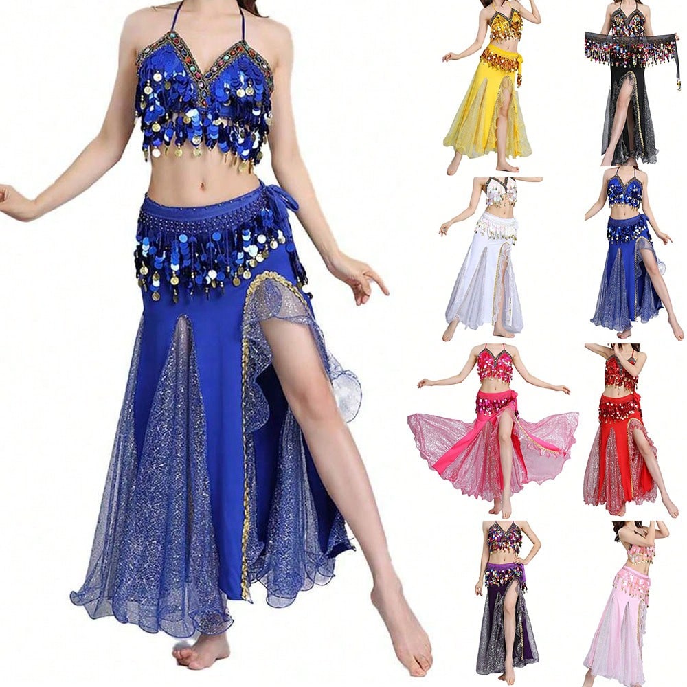 Conjunto de disfraz de danza del vientre para mujer, que incluye top que deja el abdomen al descubierto, sujetador, faja de cadera y falda con abertur