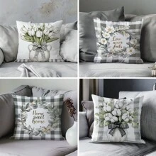 4pcs 17.7"X17.7" (45x45cm) Simple Plaid & Floral Print Cushion Covers (Single-Sided Printing), Suitable For Home Decor, Sofa, Bedroom, Car Pillow Covers (Inner Pillow Not Included)