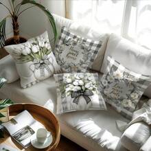 4pcs 17.7"X17.7" (45x45cm) Simple Plaid & Floral Print Cushion Covers (Single-Sided Printing), Suitable For Home Decor, Sofa, Bedroom, Car Pillow Covers (Inner Pillow Not Included)