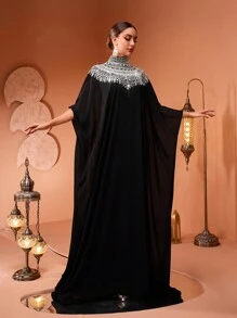 新款时尚奢华优雅亮片蕾丝贴花蝙蝠袖两件套女式魅力长袍连衣裙（尺码偏大，建议顾客下单时查看尺码表） - 黑色 - 查看 3