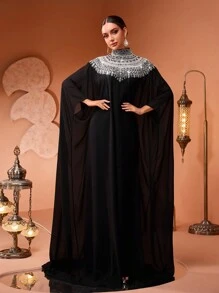 新款时尚奢华优雅亮片蕾丝贴花蝙蝠袖两件套女式魅力长袍连衣裙（尺码偏大，建议顾客下单时查看尺码表） - 黑色 - 查看 4