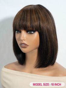 真人发直发鲍勃假发，透气刘海 - 150% 密度，雷米真人发无胶假发，无蕾丝，高光颜色，适合所有女性