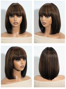 真人发直发鲍勃假发，透气刘海 - 150% 密度，雷米真人发无胶假发，无蕾丝，高光颜色，适合所有女性