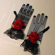 优雅蕾丝手套配玫瑰点缀 - 弹性透气网眼，适合婚礼和派对 - 时尚黑白格子设计 - 黑色 - 查看 3