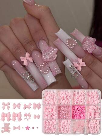 1盒3D粉色蝴蝶结美甲饰品和粉色圆珍珠，粉色蝴蝶结3D卡通可爱爱心熊美甲饰品亚克力花朵金色钢珠，用于美甲用品设计、美甲装饰DIY工艺品Y2K