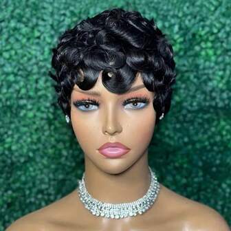 Pixie Cut Wig For Women Human Hair Wigs Curly Wave 1B Pixie Wig With Bangs Glueless Wig For Daily Use Natural Black Short Layered Pixie Wigs For Women Brazilian Real Human Hair Full Machine Made Curly Wigs