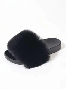 Furry Slippers Faux Fur Slippers Stylish Open Toe Girls Sandals Outdoor Indoor Can Wear Furry Slippers - 黑色 - 查看 6