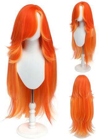 耐热橙红色长直合成纤维假发，带刘海，多层，适合万圣节、圣诞派对和角色扮演