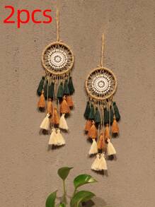 1pc/2pcs Bohemian Style Wall Decor, Handwoven Geometric Dream Catcher With Tassels, Boho Art Piece For Dorm, Home, Bedroom, Apartment Room Decoration - Multicolor - View 2