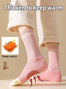 5 双女士条纹厚中筒袜，适合秋冬季，保暖毛巾袜，防臭，透气袜子，学院风运动长袜，纯色，百搭，可搭配打底裤 - 彩色 - 查看 5