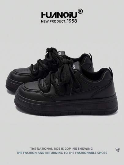  HUANQIU 女士厚底时尚百搭舒适休闲白色运动鞋，适合所有季节，黑色，学生运动平底鞋