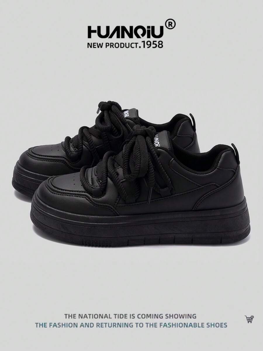 HUANQIU 女士厚底时尚百搭舒适休闲白色运动鞋，适合所有季节，黑色，学生运动平底鞋 - 黑色 - 查看 1
