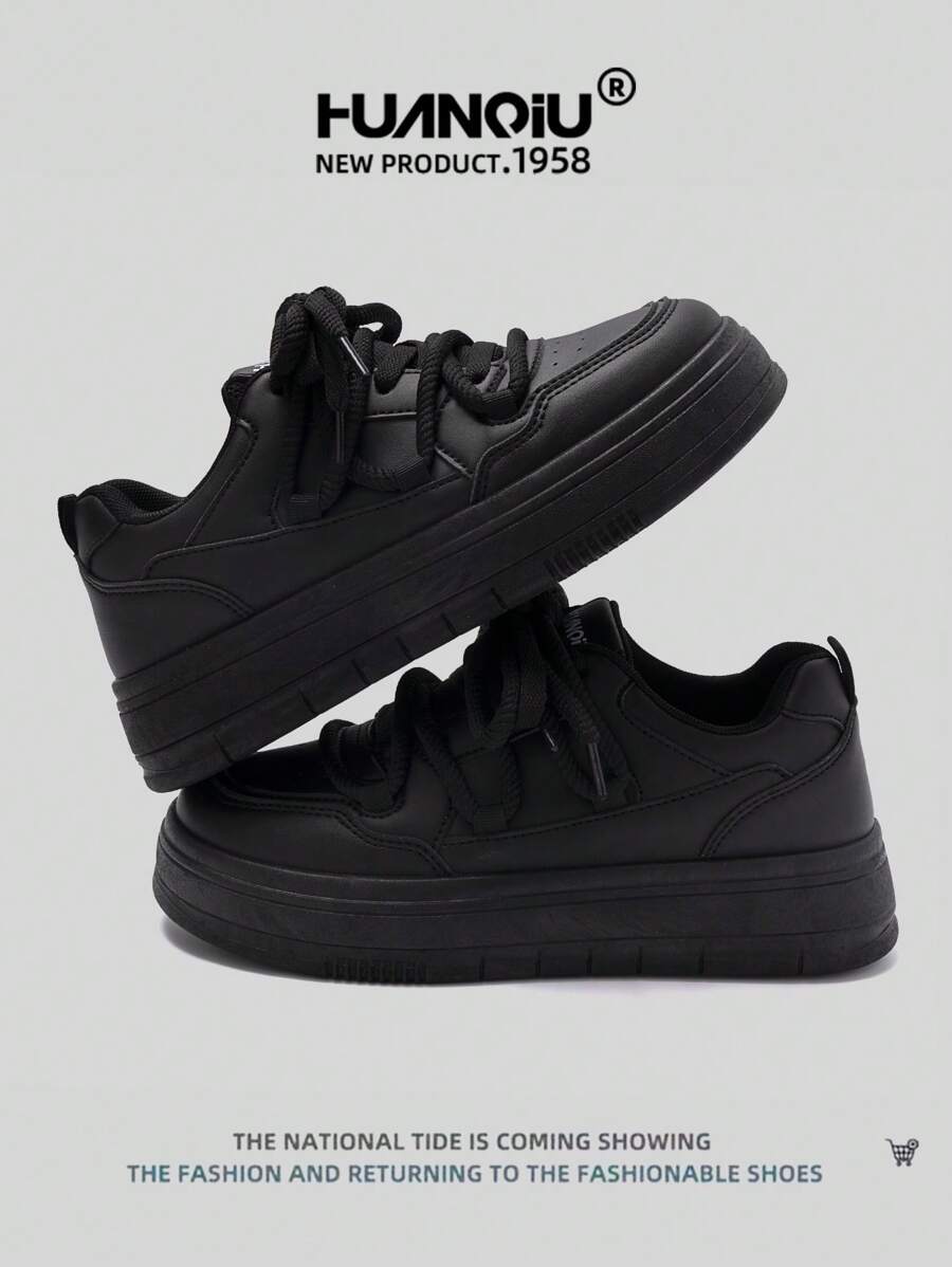 HUANQIU 女士厚底时尚百搭舒适休闲白色运动鞋，适合所有季节，黑色，学生运动平底鞋 - 黑色 - 查看 1
