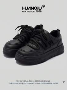 HUANQIU 女士厚底时尚百搭舒适休闲白色运动鞋，适合所有季节，黑色，学生运动平底鞋 - 黑色 - 查看 3