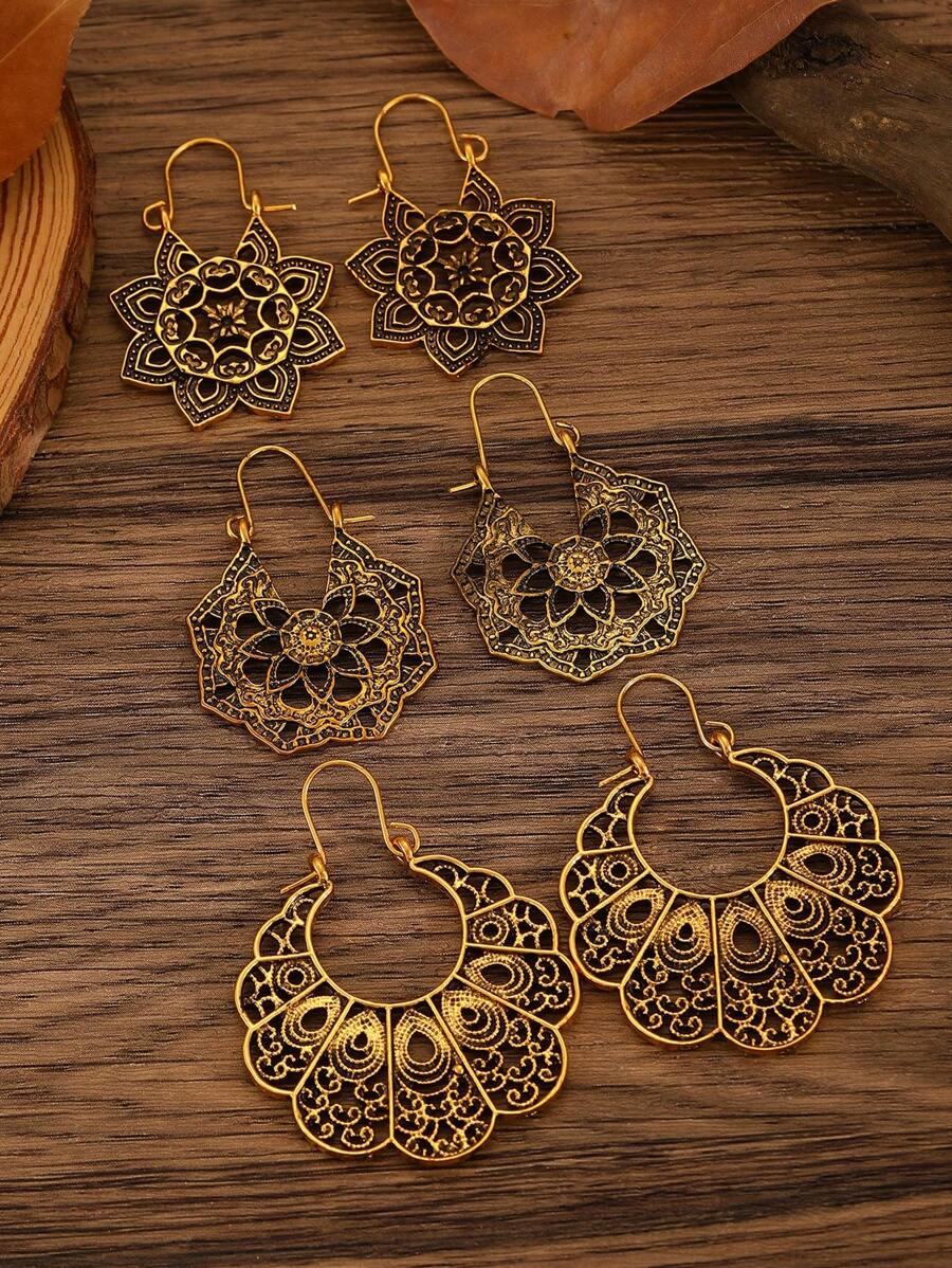 Bộ 3 đôi hoa tai hình học và hoa rỗng Boho cổ điển, phụ kiện thời trang để đeo hàng ngày - Vàng - Xem 1