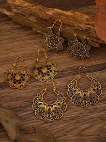 Bộ 3 đôi hoa tai hình học và hoa rỗng Boho cổ điển, phụ kiện thời trang để đeo hàng ngày - Vàng - Xem 5