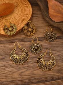 Bộ 3 đôi hoa tai hình học và hoa rỗng Boho cổ điển, phụ kiện thời trang để đeo hàng ngày - Vàng - Xem 2