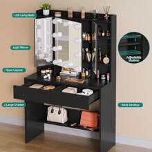 Black Dressing Table With Mirror, Vanity Dressing Table With Lights Adjustable Brightness, Bedroom Dressing Tables With Drawers And Open Shelves, Makeup Table Vanity Desk - Black - View 7