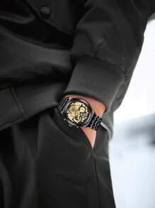 VA VA VOOM 1 件男士手表时尚不锈钢镂空表盘休闲运动风格夜灯男士时钟金色和黑色和银色原装石英机芯水钻奢华腕表 - 黑色 - 查看 11