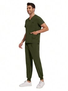 短袖男士手术服制服医生工作服牙医套装手术服上衣裤子男士医院护士工作服实验室药房制服 - 軍綠色 - 查看 6