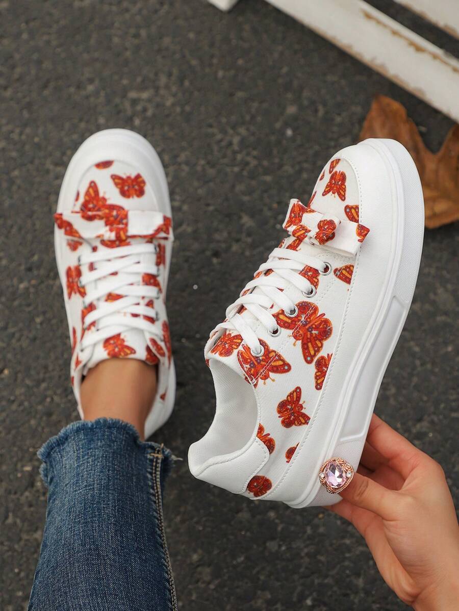 Women's Lace-Up Front Thick Canvas Sneakers, New Style Bow Decor Red Butterfly Autumn Lightweight Platform Casual Shoes, Outdoor Sports Style Student Shoes For Spring & Autumn - Multicolor - View 1