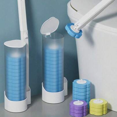 1 cái/18 cái/30 cái Bàn chải vệ sinh bồn cầu dùng một lần tại nhà với 6/12 cái đầu thay thế, Bộ bàn chải vệ sinh bồn cầu hòa tan, Không làm sạch điểm mù Trang trí phòng tắm Trang trí mùa thu