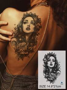 1 件黑色花卉图案袖纹身贴纸，欧美风格半袖花朵长发女性临时纹身，适用于手臂腿部胸部腹部 - 黑色 - 查看 1
