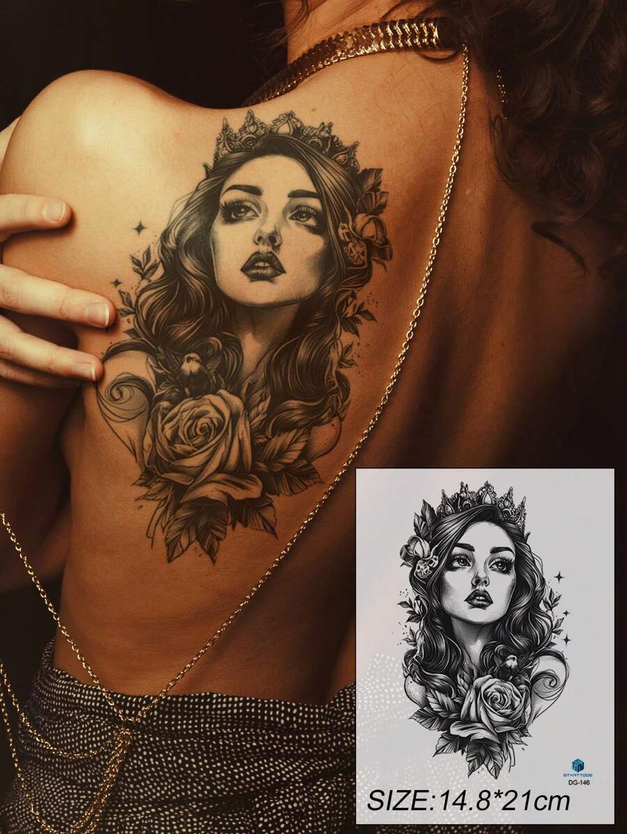 1 件黑色花卉图案袖纹身贴纸，欧美风格半袖花朵长发女性临时纹身，适用于手臂腿部胸部腹部 - 黑色 - 查看 1