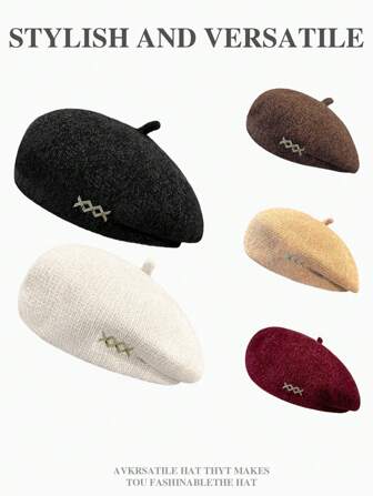 1pc Solid Color Cute Party Casual Elegant Retro Street Courtly Glorious Polyester Sew-In Tag Metallic Tag Chenille Knitted Shaping Beret Hat For Women Winter Warm, Versatile & Face-Slimming Vintage Artist Cap, All Season