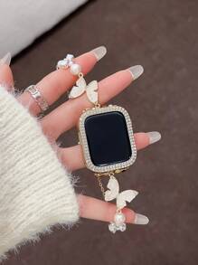 1pc Luxury Shiny Faux Pearl Pink Butterfly Metal Watch Bracelet Compatible With Apple Watch Band Series 11 10 9 8 7 6 5 4 3 2 1 38mm 40mm 41mm 42mm 44mm 45mm 46mm 49mm Ultra 1/2/3 SE Wristband Replacement For Strap,Best Gift For Birthday,Valentine's Day,Mother's Day To Girlfriend,Mother(Only Watch Band)