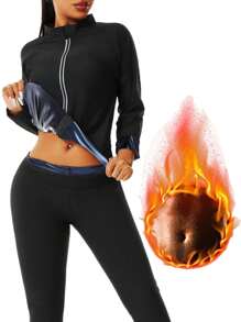 1 Set 2025 New Design Women Outdoor Running/Fitness Long Sleeve + Long Pants, Top + Bottoms Set, Zipper Design, Sauna Sweat Suit For Weight Loss, Waist Training, Suitable For Autumn And Winter, Includes Top And Pants Gym Accessories For Belly Slimming Girdles, Lumbar Girdles For Belly Slimming Corset - Navy Blue - View 7