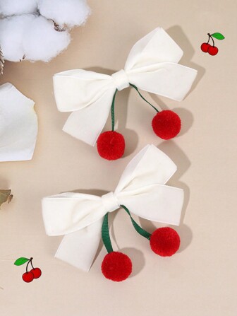 2pcs Cherry Hair Bows For Girls White Velvet Bow Alligator Clips Cute Fruit Hair Clips Girl Pigtail Bows Clips Adorable Cherry Barrettes Kids Hair Accessories