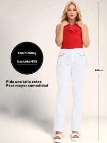 Pantalones Vaqueros Blancos con Cristales Brillantes, Jeans ajustados de mezclilla acampanados y de cintura alta para mujer, de campana, pantalones vaqueros acampanados, jeans de mujer y ropa vaquera, de estiramiento medio - Blanco - Ver 8