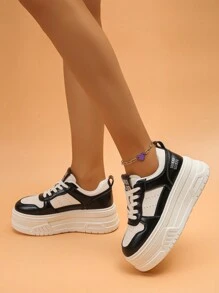 1 双女士新款坡跟厚底运动鞋，皮革鞋面圆头厚底运动鞋，软底轻便防滑时尚休闲鞋 - 黑色 - 查看 5