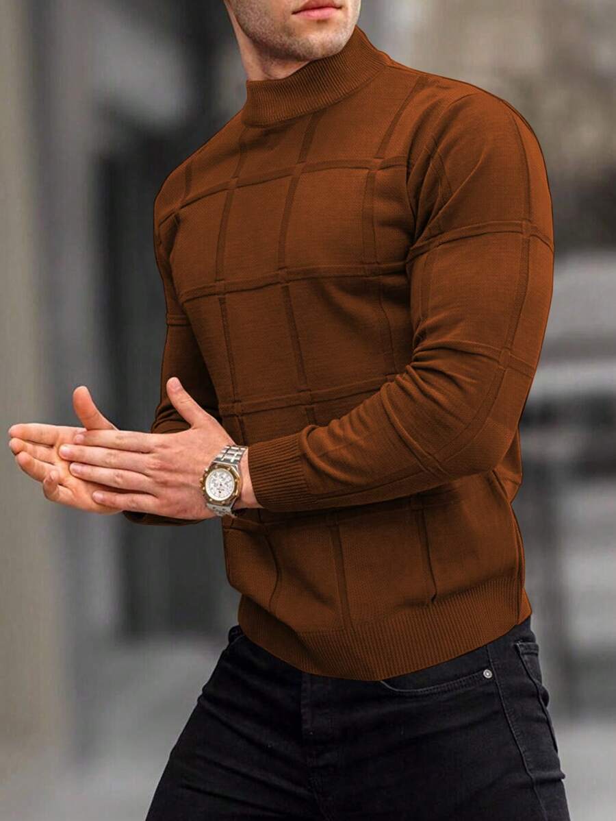 Men's Plaid Jacquard Turtleneck Fashionable Sweater - Rỉ Nâu - Xem 1