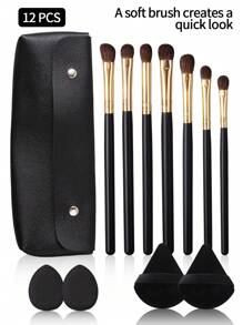 12支/8支/7支/4支/2支高端化妆刷套装组合：7支木柄软毛眼影刷、晕染刷、眉刷，2个定妆海绵三角块，2个迷你拇指海绵，配大容量防水双扣化妆包。 - 黑色 - 查看 1